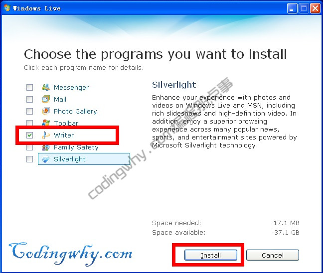 Windows Live Write安装选择界面
